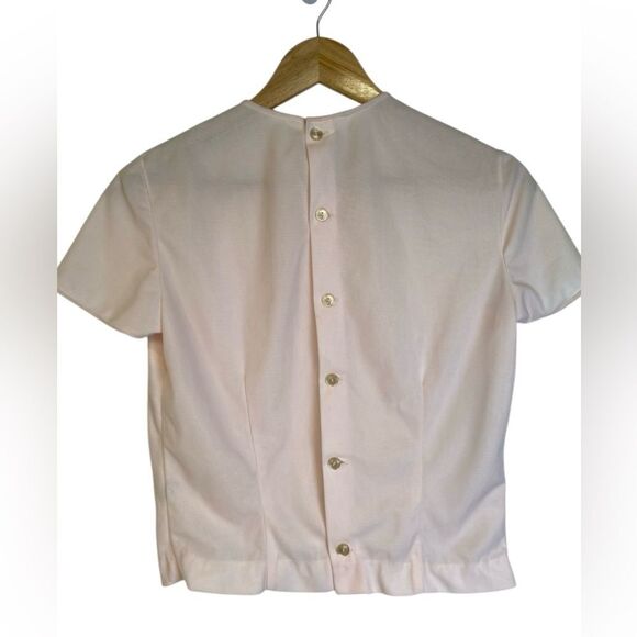 Vintage Pink Chiffon and Nylon Pleated Floral Short Sleeve Blouse Size Small - Picture 7 of 9